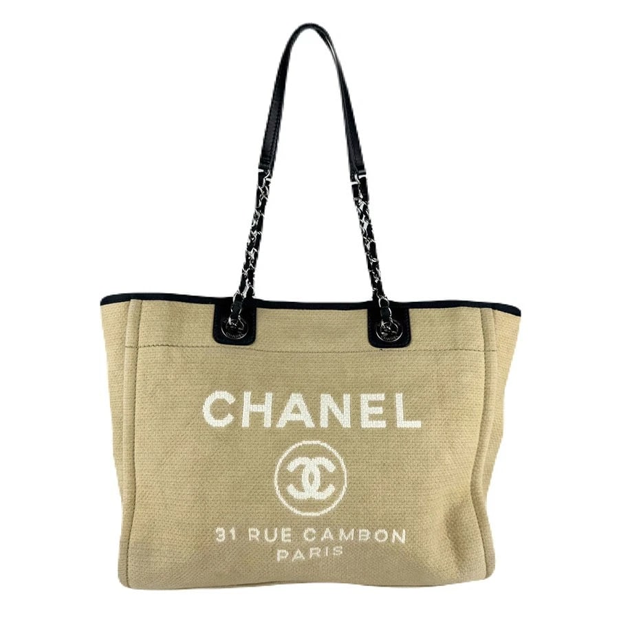 CHANEL DEAUVILLE MM SHOULDER BAG BEIGE/BLACK: CHANEL Deauville MM Shoulder Bag Beige/Black Brand: CHANEL Type: Shoulder Bag Material: Canvas Color: Beige X Black Size: W:13.8inx H:11.4inx D:3.1in Shoulder Length: 23.6in Accessories: None