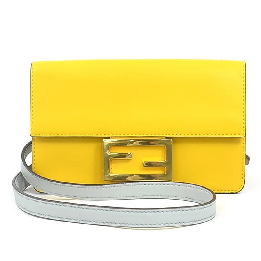 FENDI FLAT BAGUETTE SHOULDER BAG YELLOW/LIGHT GRAY: FENDI Flat Baguette Shoulder Bag Yellow/Light Gray Brand: FENDI Type: Shoulder Bag Material: Leather Color: Yellow X Light Gray Size: W:7.3inx H:4.3inx D:0.6in Shoulder Length: 42.9in Accessories