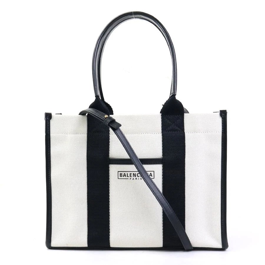 BALENCIAGA HANDBAG SHOULDER BAG OFF WHITE/BLACK: BALENCIAGA Handbag Shoulder Bag Off White/Black Brand: BALENCIAGA Type: Handbag Material: canvas Color: Off WhitexBlack Size: W:11.0inx H:7.9inx D:3.9in Handle Length:16.1in Shoulder Length:?Max?