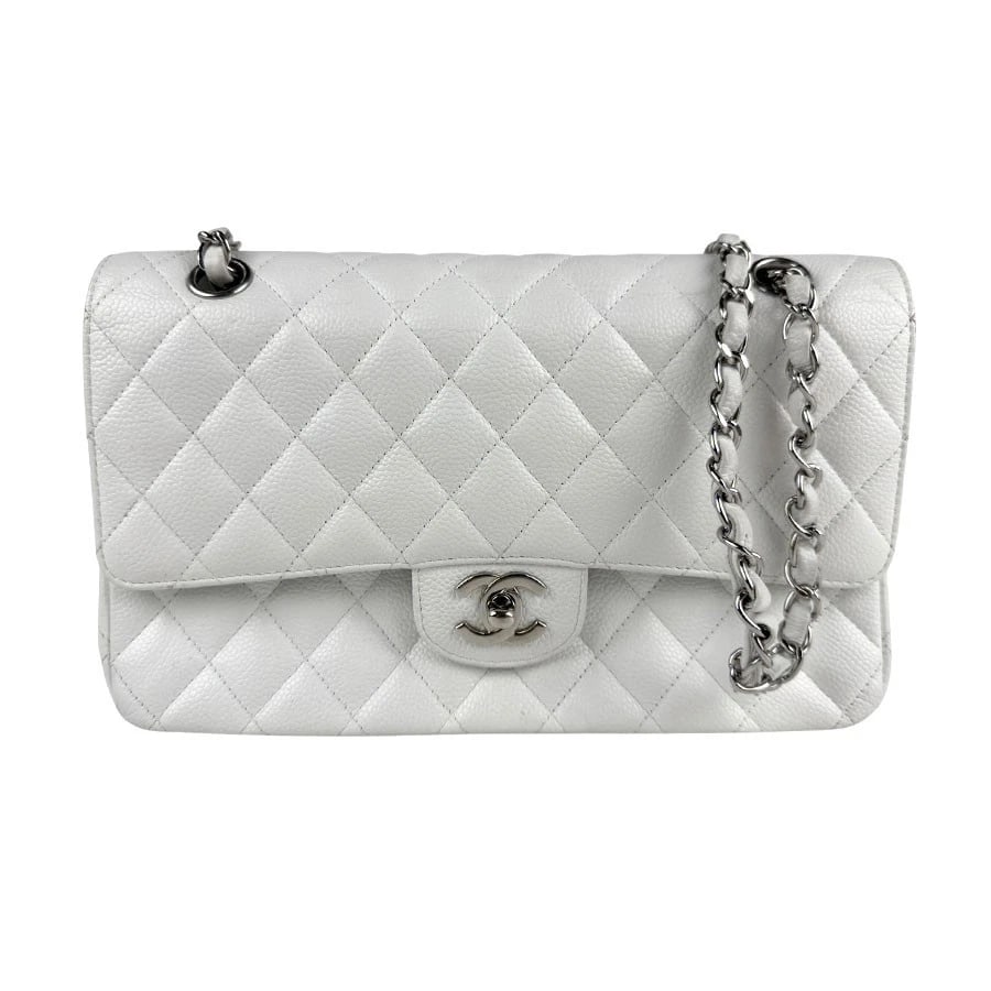 CHANEL MATELASSE CHIA SHOULDER BAG WHITE/SILVER LEATHER/METAL: CHANEL Matelasse Chia Shoulder Bag White/Silver Leather/Metal Brand: CHANEL Type: Shoulder Bag Material: Caviar Skin Leather Color: White Size: W:9.8inx H:6.3inx D:2.4in Shoulder Length: 43.3in A
