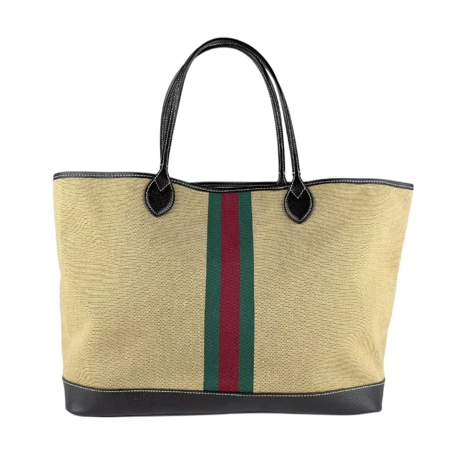GUCCI TOTE BAG BEIGE / BROWN CANVAS/LEATHER: GUCCI Tote Bag Beige / brown canvas/leather Brand: GUCCI Type: Tote Bag Material: Canvas x Leather Color: Beige / Brown Size: W:15.7inx H:11.8inx D:7.9in Shoulder Length: 19.7in Accessories: None