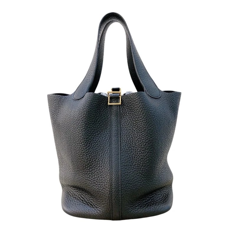 HERMES PICO TAN LOCK MM HANDBAG: HERMES Pico Tan Lock MM Handbag Brand: HERMES Type: Handbag Material: Taurillon Clemence Color: Black Gold Hardware Size: W8.7 x H7.9x D6.7inch Accessories: None Accessories Notice: When p