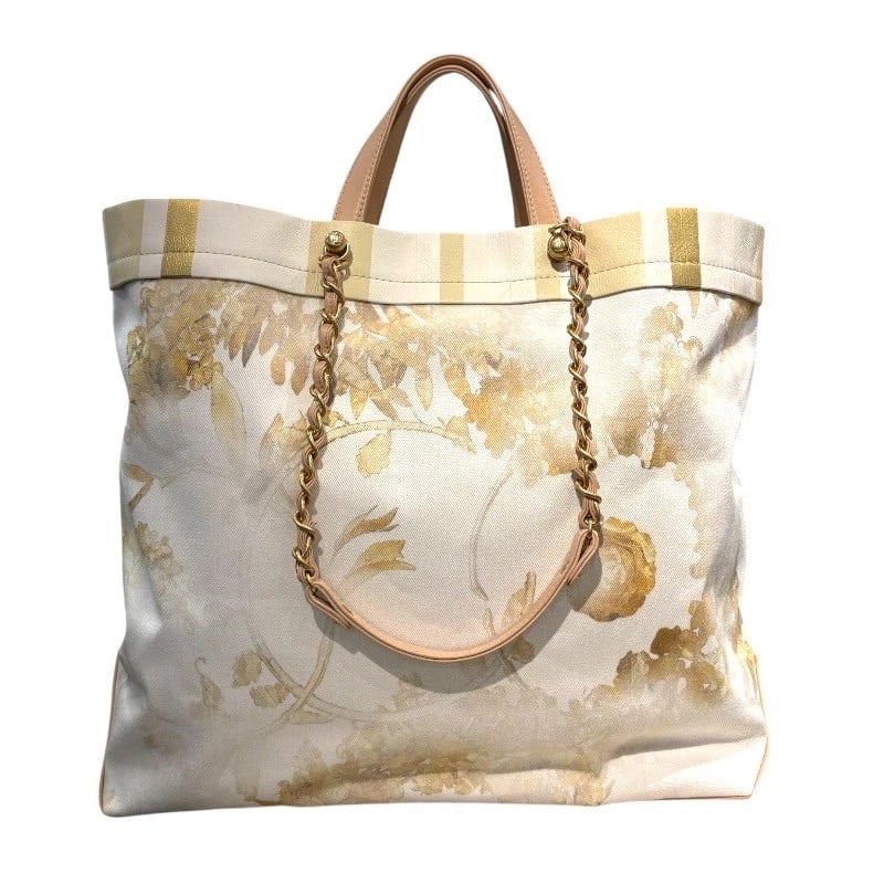 CHANEL BOTANICAL CHAIN TOTE TOTE BAG: CHANEL Botanical Chain Tote Tote Bag Brand: CHANEL Type: Tote Bag Material: canvas Color: White/Beige Size: W16.5 x H15.0x D6.3inch Accessories: None Accessories Notice: When purchasing pr