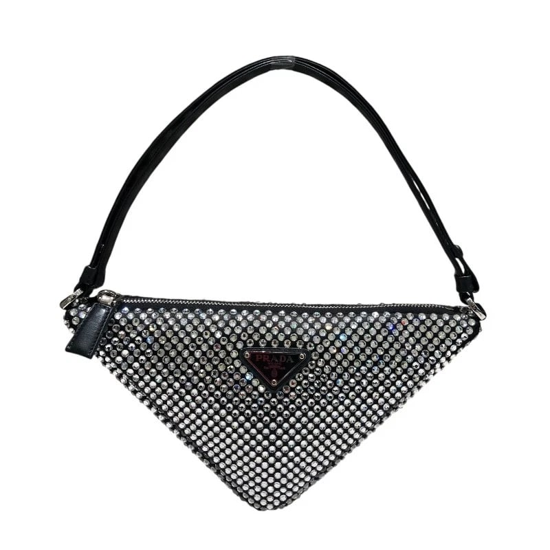 PRADA TRIANGLE LOGO ONE BELT SHOULDER BAG: PRADA Triangle logo one belt Shoulder Bag Brand: PRADA Type: Shoulder Bag Material: Exterior Material Crystal/Leather Color: Exterior Color crystal Size: W9.8 x H5.9x D2.4inch Accessories: None