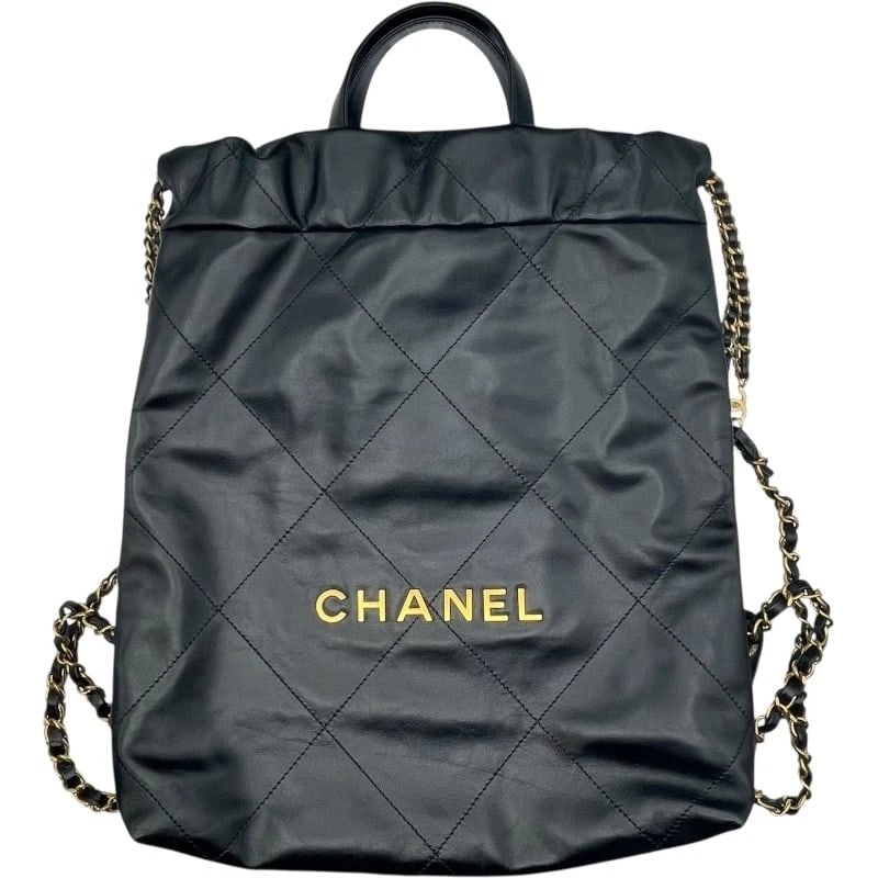 CHANEL 22 BACKPACK: CHANEL 22 backpack Brand: CHANEL Type: Backpack Â· Daypack Material: Shiny calfskin Color: black Size: W12.2 x H14.6x D3.0inch Accessories: None Accessories Notice: When purchasing pre-own