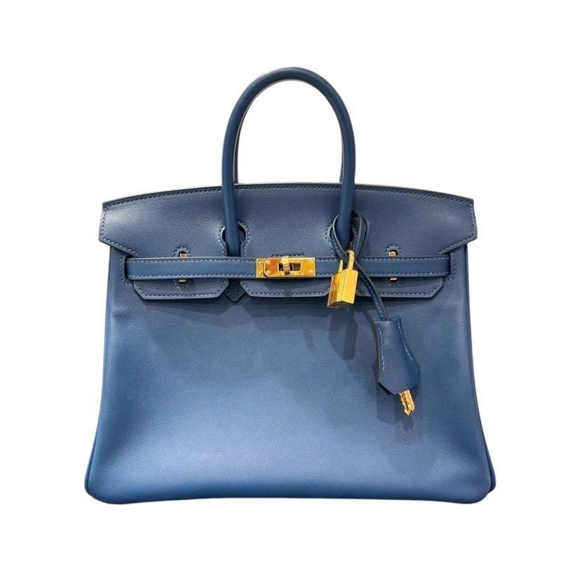 HERMES BIRKIN 25 HANDBAG: HERMES Birkin 25 Handbag Brand: HERMES Type: Handbag Material: Swift Color: Blue Thalassa GoldHardware Size: W9.8 x H7.9x D4.9inch Accessories: None Accessories Notice: When purchasing pre