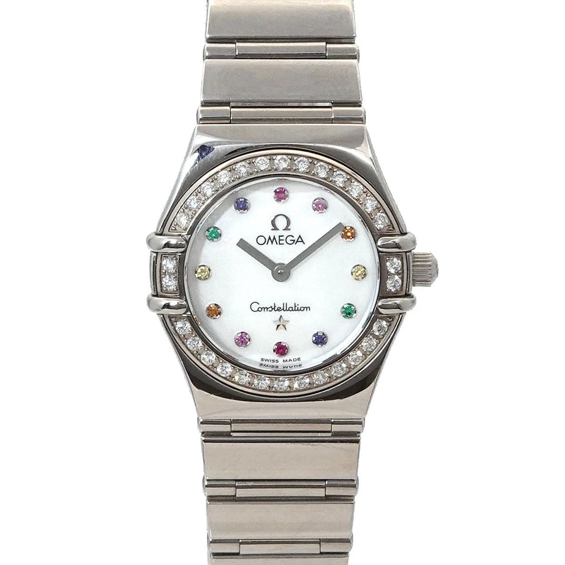 OMEGA CONSTELLATION MINI IRIS DIAMOND WHITE SHELL DIAL WATCH: OMEGA Constellation Mini Iris Diamond White Shell Dial Watch Brand: OMEGA Type: Wristwatch Material: Stainless steel Color: White Shell Dial Size: Case Size Length 28mm(included lag) Width 22mm(no