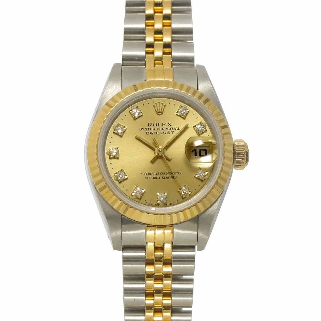 ROLEX DATEJUST AUTOMATIC GOLD DIAL 10P DIAMOND 750 YG: ROLEX Datejust Automatic Gold Dial 10P Diamond 750 YG Brand: ROLEX Type: Wristwatch Material: 750 Yellow Gold,Stainless steel Color: Gold Dial Size: Case Size Length 33mm(included lag) Width 26mm(