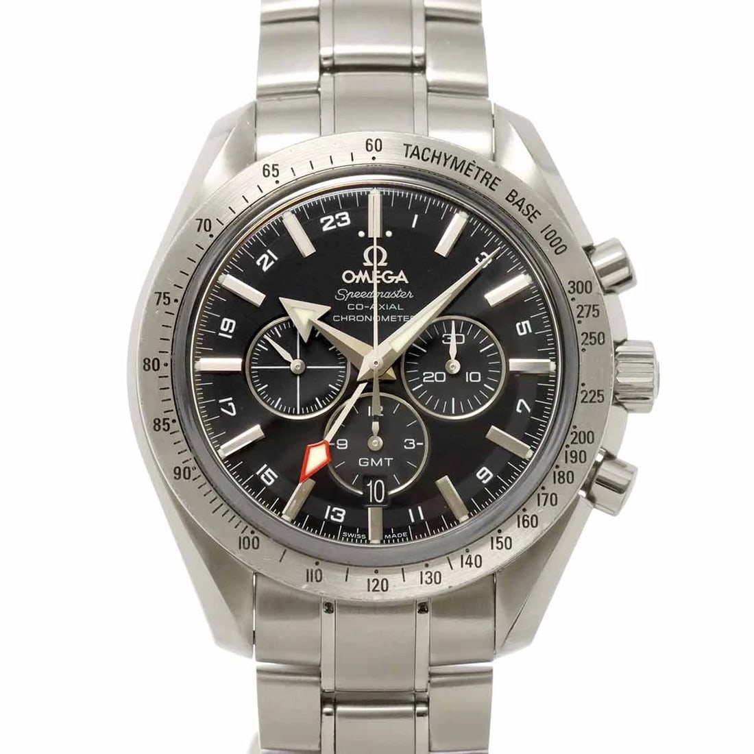 OMEGA SPEEDMASTER BROAD ARROW GMT AUTOMATIC BLACK DIAL: OMEGA Speedmaster Broad Arrow GMT Automatic Black Dial Brand: OMEGA Type: Wristwatch Material: Stainless steel Color: Black Dial Size: Case Size Length 50mm(included lag) Width 44mm(not included c