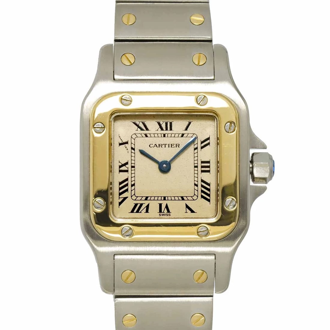 CARTIER SANTOS GALBEE K18YG CREAM DIAL WATCH: Cartier Santos Galbee K18YG Cream Dial Watch Brand: Cartier Type: Wristwatch Material: Stainless steel,750 Yellow Gold Color: Cream Dial Size: Case Size Length 35mm(included lag) Width 23mm(not in