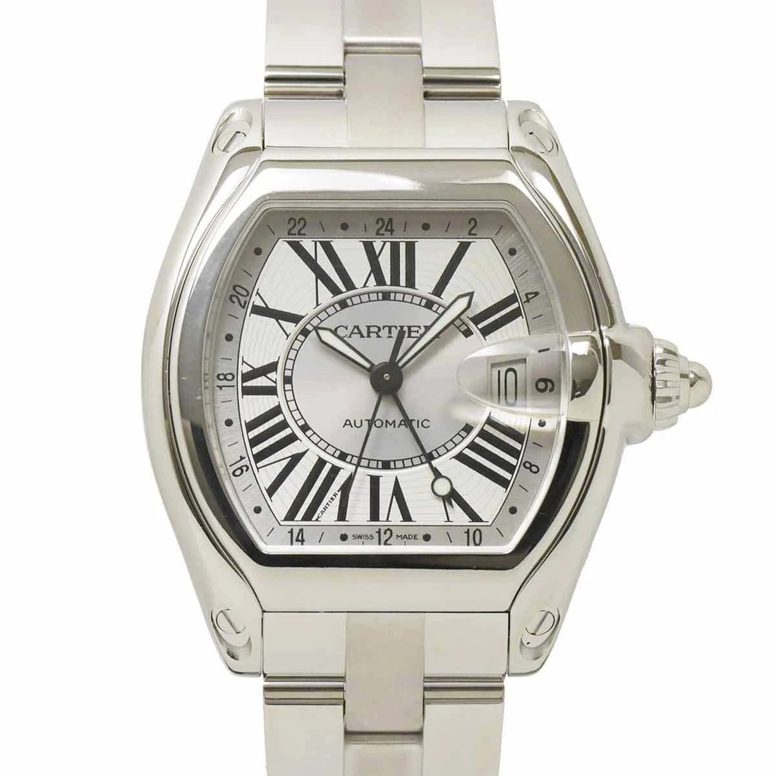 CARTIER ROADSTER GMT DATE AUTOMATIC SILVER DIAL WATCH: Cartier Roadster GMT Date Automatic Silver Dial Watch Brand: Cartier Type: Wristwatch Material: Stainless steel Color: Silver Dial Size: Case Size Length 47mm(included lag) Width 40mm(not