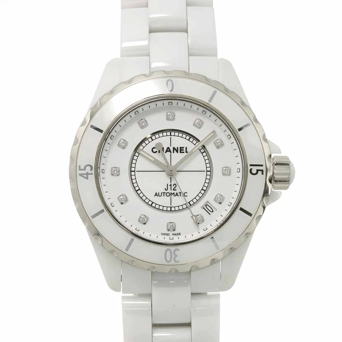 CHANEL J12 12P DIAMOND AUTOMATIC WHITE DIAL WATCH: CHANEL J12 12P Diamond Automatic White Dial Watch Brand: CHANEL Type: Wristwatch Material: Stainless steel,Ceramic Color: White Dial Size: Case Size Length 45mm(included lag) Width 39mm(not includ