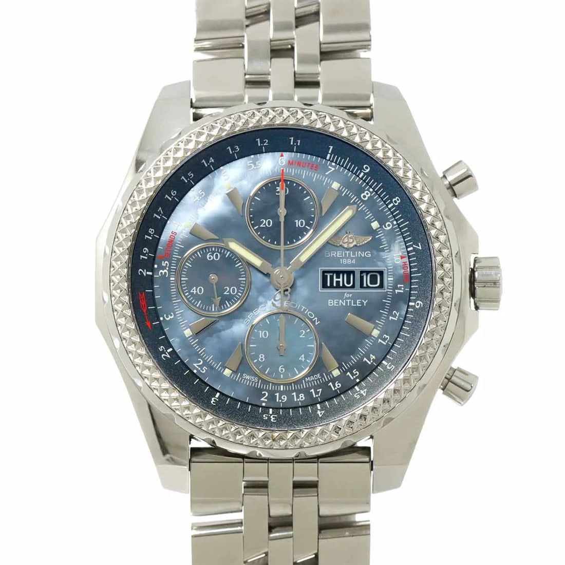 BREITLING BENTLEY GT CHRONOGRAPH BLUE SHELL WATCH: BREITLING Bentley GT Chronograph Blue Shell Watch Brand: BREITLING Type: Wristwatch Material: Stainless steel Color: Blue Shell Size: Case Size Length 50mm(included lag) Width 45mm(not