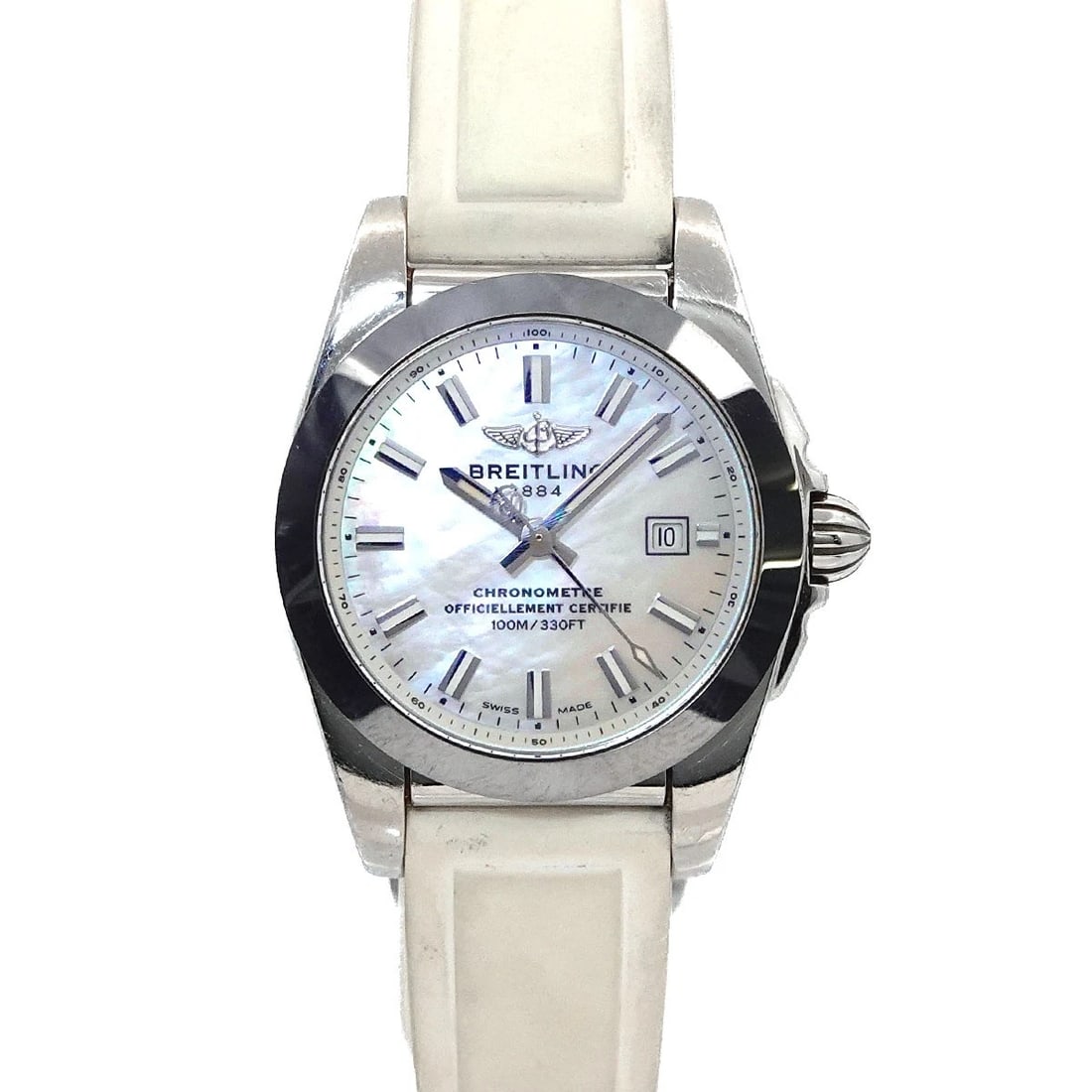 BREITLING GALACTIC DATE QUARTZ WHITE SHELLDIAL: BREITLING Galactic Date Quartz White ShellDial Brand: BREITLING Type: Wristwatch Material: Stainless steel,Rubber Color: White ShellDial Size: Case Size Length 36mm(included lag) Width 28mm(not in