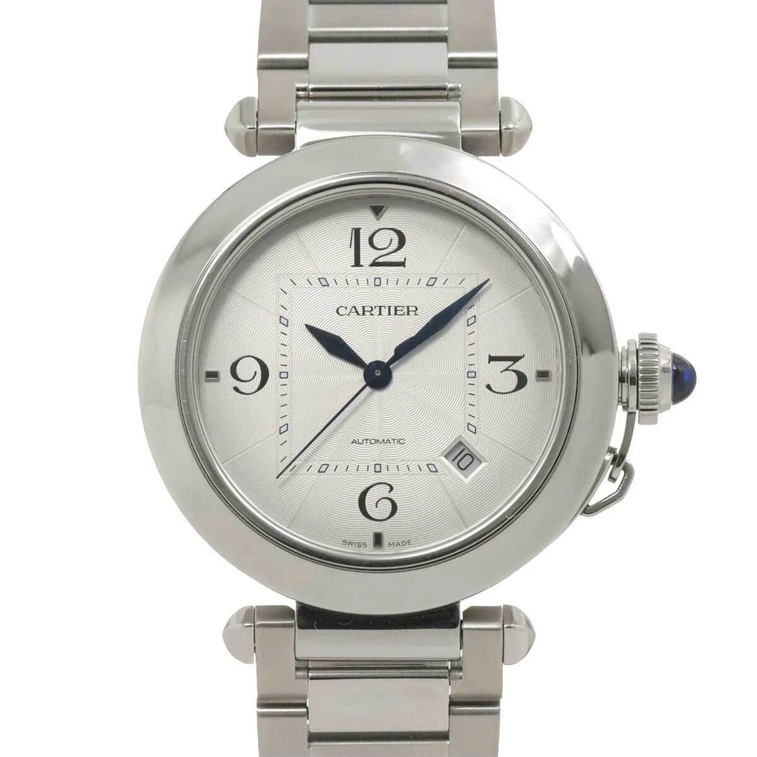 CARTIER PASHA DATE AUTOMATIC SILVER DIAL WATCH: Cartier Pasha Date Automatic Silver Dial Watch Brand: Cartier Type: Wristwatch Material: Stainless steel Color: Silver Dial Size: Case Size Length 48mm(included lag) Width 41mm(not included crown)