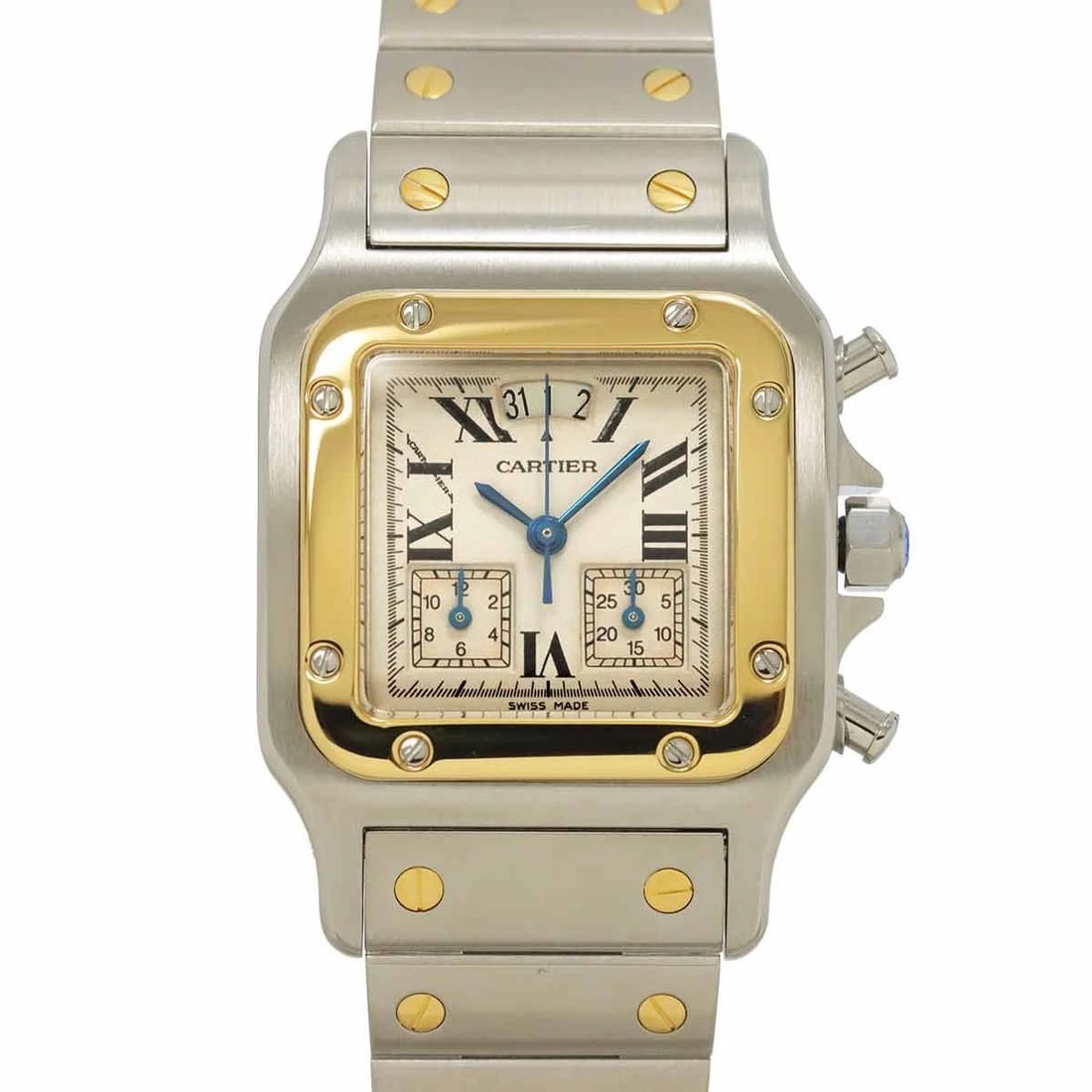 CARTIER SANTOS GALBEE LM YG CREAM DIAL WATCH: Cartier Santos Galbee LM YG Cream Dial Watch Brand: Cartier Type: Wristwatch Material: Stainless steel,Yellow Gold Color: Cream Dial Size: Case Size Length 41mm(included lag) Width 29mm(not includ