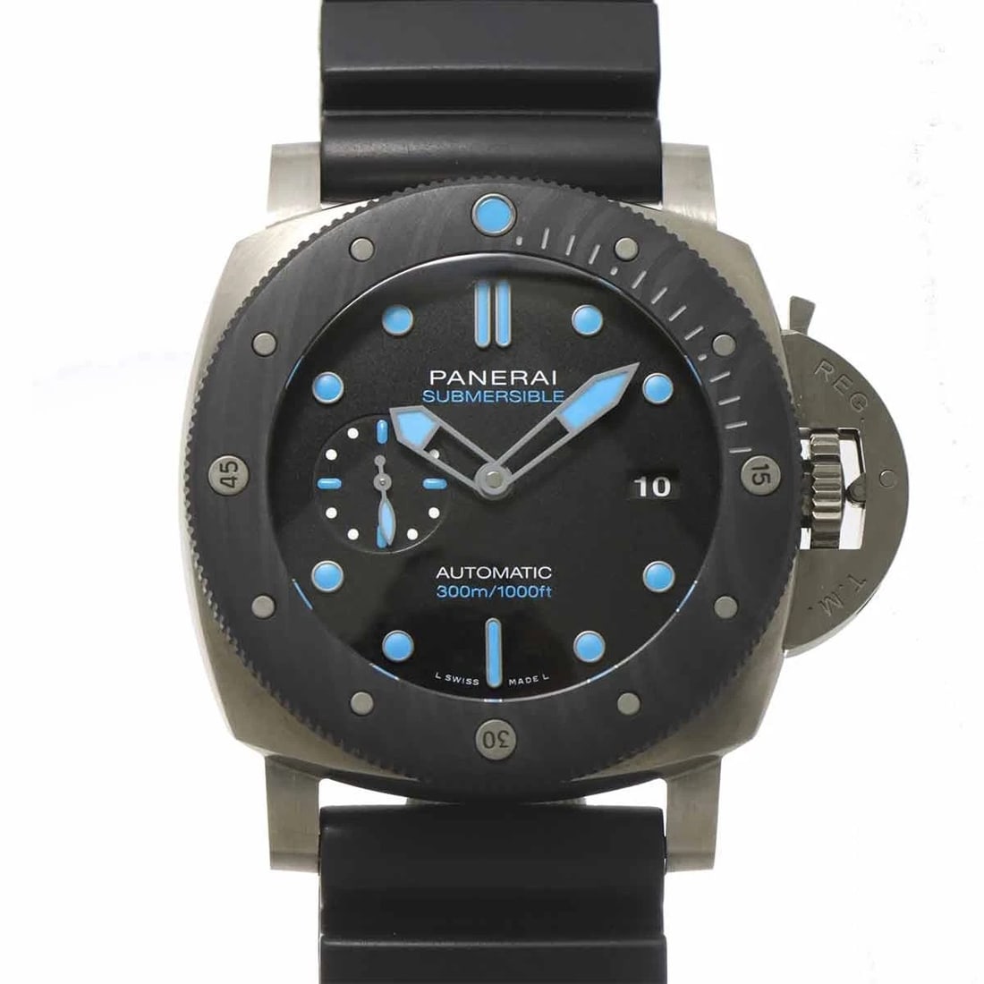 PANERAI SUBMERSIBLE AUTOMATIC BLACK DIAL WATCH: PANERAI Submersible Automatic Black Dial Watch Brand: PANERAI Type: Wristwatch Material: Titanium,Rubber Color: Black Dial Size: Case Size Length 56mm(included lag) Width 47mm(not included crown)