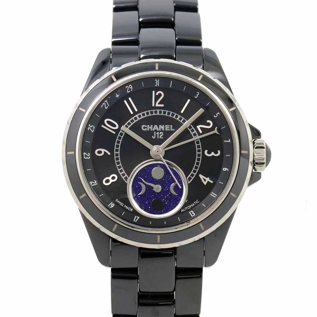 CHANEL J12 PHASE DE LUNE MOON PHASE AUTOMATIC BLACK DIAL: CHANEL J12 Phase De Lune Moon phase Automatic Black Dial Brand: CHANEL Type: Wristwatch Material: Stainless steel,Ceramic Color: Black Dial Size: Case Size Length 45mm(included lag) Width 39mm(not