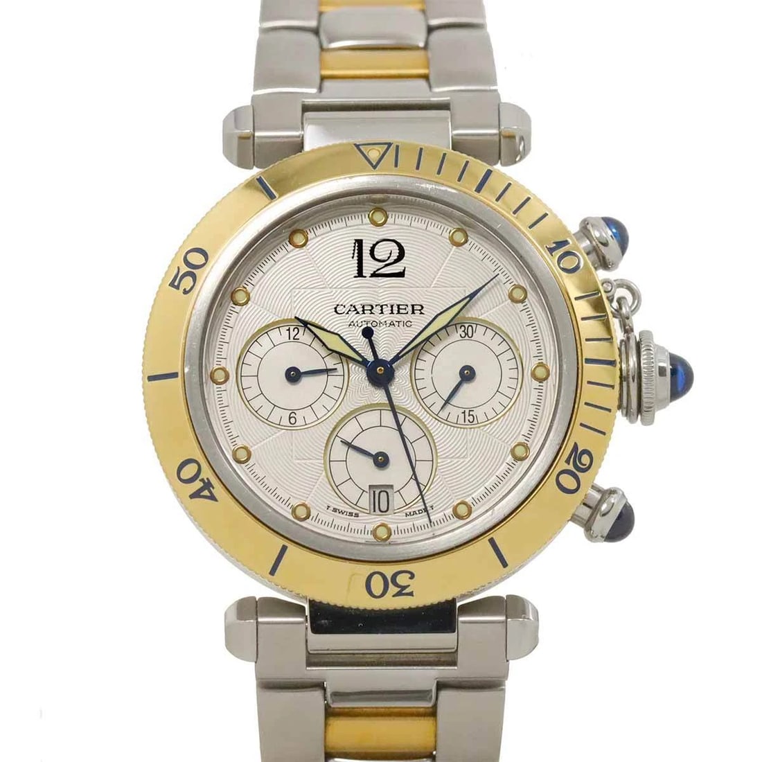 CARTIER PASHA CHRONOGRAPH DATE AUTOMATIC SILVER DIAL: Cartier Pasha Chronograph Date Automatic Silver Dial Brand: Cartier Type: Wristwatch Material: Stainless steel,750 Yellow Gold Color: Silver Dial Size: Case Size Length 44mm(included lag) Width 38