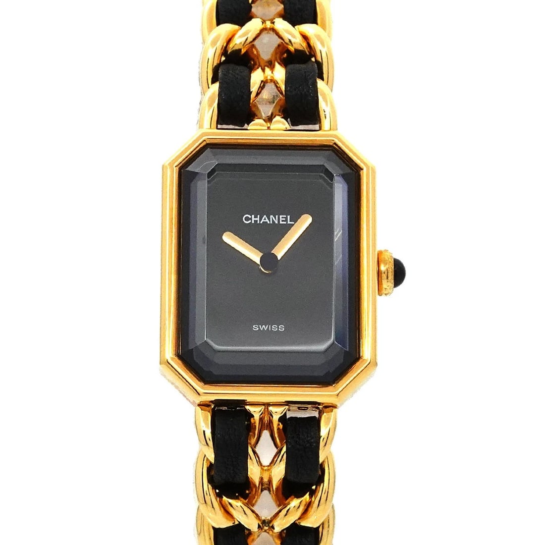 CHANEL PREMIERE SIZE VINTAGE QUARTZ BLACK DIAL WATCH: CHANEL Premiere Size Vintage Quartz Black Dial Watch Brand: CHANEL Type: Wristwatch Material: Stainless steel/YGP,Leather Color: Black Dial Size: Case Size Length 26mm(included lag) Width 20mm(not