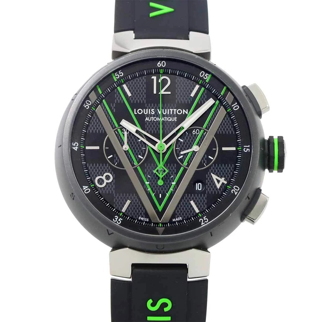 LOUIS VUITTON TAMBOUR AUTOMATIC CHRONOGRAPH WATCH: LOUIS VUITTON Tambour Automatic Chronograph Watch Brand: LOUIS VUITTON Type: Wristwatch Material: Stainless steel/PVD,Rubber Color: none Size: Case Size Length 54mm(included lag) Width 46mm(not in