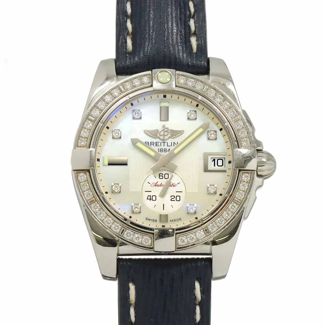 BREITLING GALACTIC DIAMOND AUTOMATIC WHITE SHELL DIAL BOYS: BREITLING Galactic Diamond Automatic White Shell Dial Boys Brand: BREITLING Type: Wristwatch Material: Stainless steel,Leather Color: White Shell Dial Size: Case Size Length 44mm(included lag) Wid