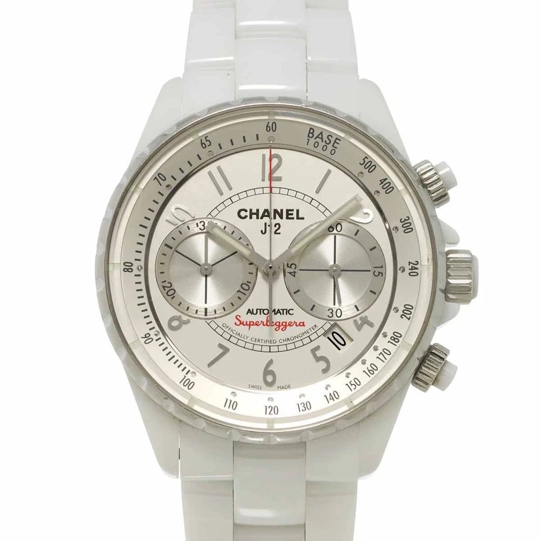 CHANEL J12 SUPERLEGGERA CHRONOGRAPH AUTOMATIC SILVER DIAL: CHANEL J12 Superleggera Chronograph Automatic Silver Dial Brand: CHANEL Type: Wristwatch Material: Ceramic,Stainless steel Color: Silver Dial Size: Case Size Length 48mm(included lag) Width