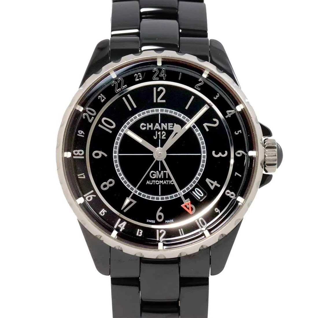CHANEL J12 GMT AUTOMATIC BLACK CERAMIC WATCH: CHANEL J12 GMT Automatic Black Ceramic Watch Brand: CHANEL Type: Wristwatch Material: Ceramic,Stainless steel Color: Black Dial Size: Case Size Length 45mm(included lag) Width 39.5mm(not included