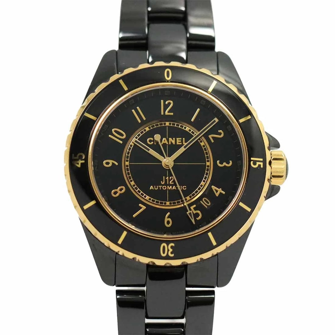CHANEL J12 AUTOMATIC YG BLACK DIAL WATCH: CHANEL J12 Automatic YG Black Dial Watch Brand: CHANEL Type: Wristwatch Material: Stainless steel,Ceramic,Yellow Gold Color: Black Dial Size: Case Size Length 46mm(included lag) Width 39mm(not inc