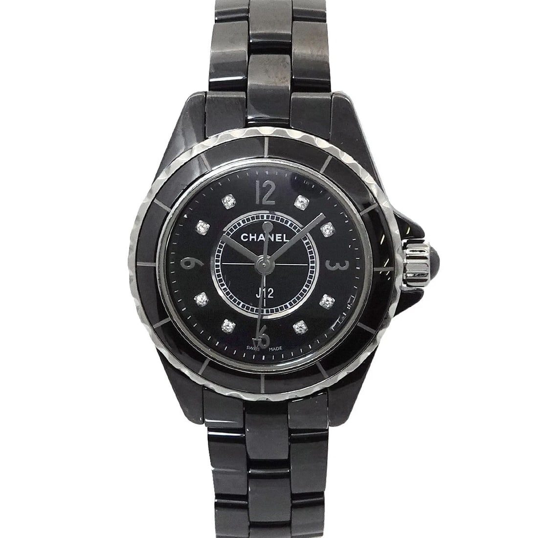 CHANEL J12 DIAMOND QUARTZ BLACK DIAL WATCH: CHANEL J12 Diamond Quartz Black Dial Watch Brand: CHANEL Type: Wristwatch Material: Stainless steel,Ceramic Color: Black Dial Size: Case Size Length 35mm(included lag) Width 29mm(not included crow