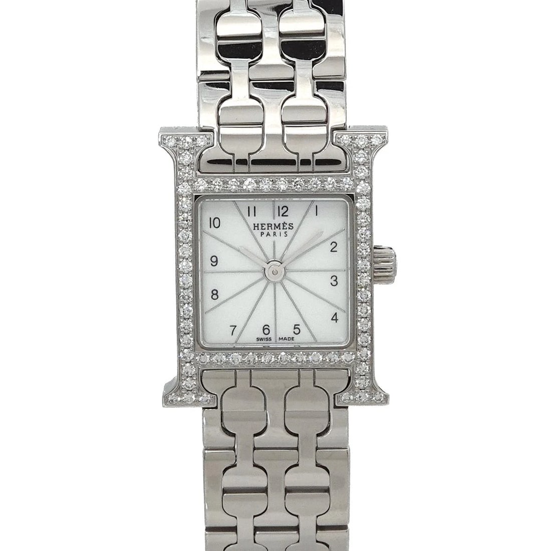 HERMES H WATCH MINI HH BEZEL DIAMOND QUARTZ WHITE SHELL DIAL: HERMES H Watch Mini HH Bezel Diamond Quartz White Shell Dial Brand: HERMES Type: Wristwatch Material: Stainless steel,Diamond Color: White Shell Dial Size: Case Size Length 24mm(included lag) Widt