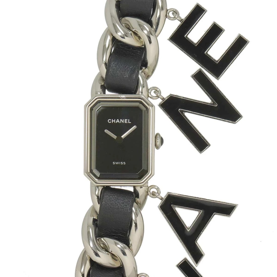 CHANEL PREMIERE WANTED QUARTZ BLACK DIAL WATCH: CHANEL Premiere Wanted Quartz Black Dial Watch Brand: CHANEL Type: Wristwatch Material: Stainless steel,Leather Color: Black Dial Size: Case Size Length 20mm Width 15mm(not included crown) Depth 7