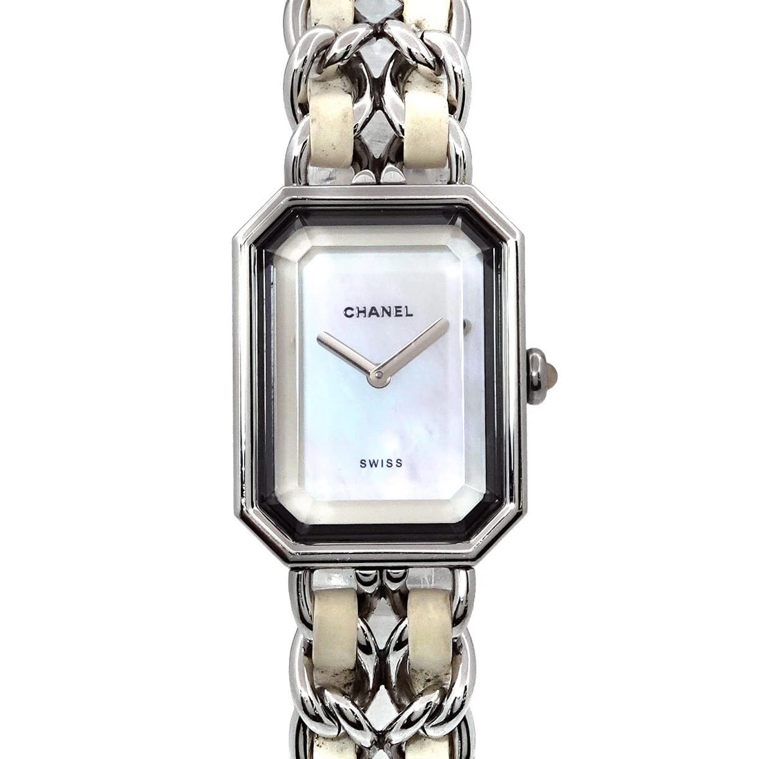 CHANEL PREMIERE L QUARTZ WHITE SHELL DIAL WRIST WATCH: CHANEL Premiere L Quartz White Shell Dial Wrist Watch Brand: CHANEL Type: Wristwatch Material: Stainless steel,Rubber Color: White Shell Dial Size: Case Size Length 26mm Width 20mm(not included cr