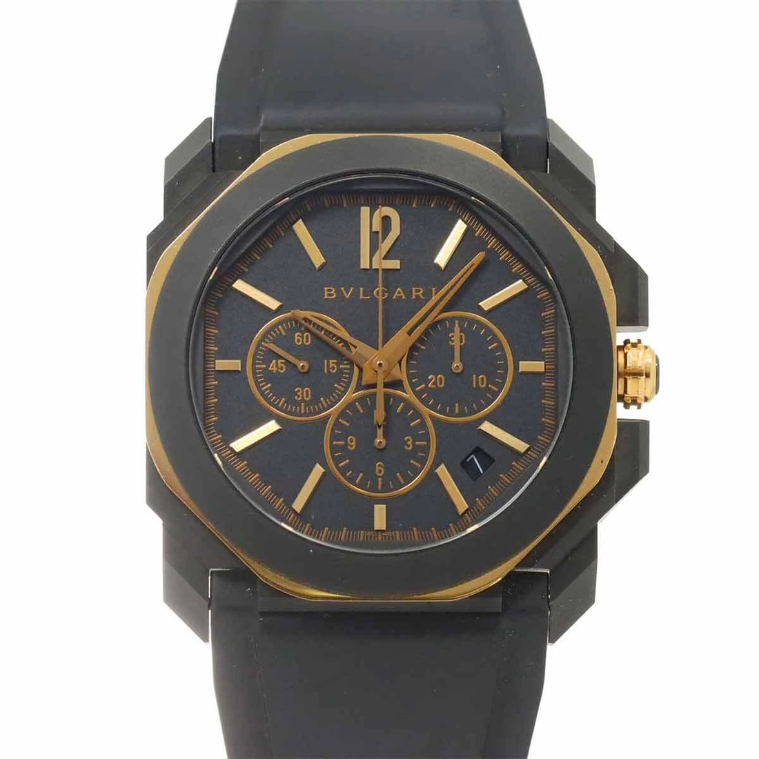 BVLGARI OCTO ULTRA NERO CHRONOGRAPH 750 PG BLACK DIAL: BVLGARI Octo Ultra Nero Chronograph 750 PG Black Dial Brand: BVLGARI Type: Wristwatch Material: 750 Pink Gold,Stainless steel,Rubber Color: Black Dial Size: Case Size Length 47mm(included lag) Wid
