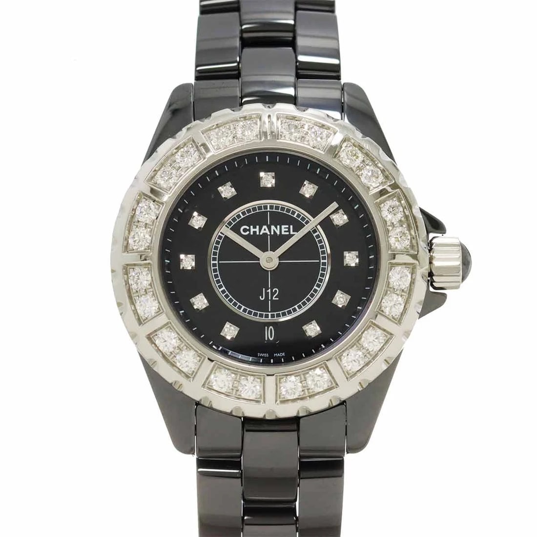 CHANEL J12 DIAMOND QUARTZ CERAMIC DATE BLACK DIAL: CHANEL J12 Diamond Quartz Ceramic Date Black Dial Brand: CHANEL Type: Wristwatch Material: Stainless steel,Ceramic,Diamond Color: Black Dial Size: Case Size Length 40mm(included lag) Width 34mm(no