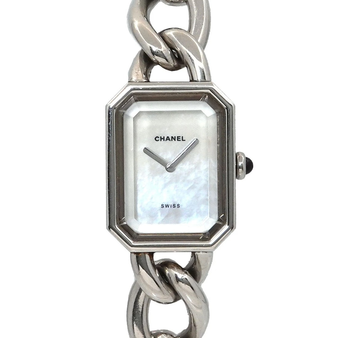 CHANEL PREMIERE QUARTZ WHITE SHELL DIAL WATCH: CHANEL Premiere Quartz White Shell Dial Watch Brand: CHANEL Type: Wristwatch Material: Stainless steel Color: White Shell Dial Size: Case Size Length 26mm Width 20mm(not included crown) Depth 7mm
