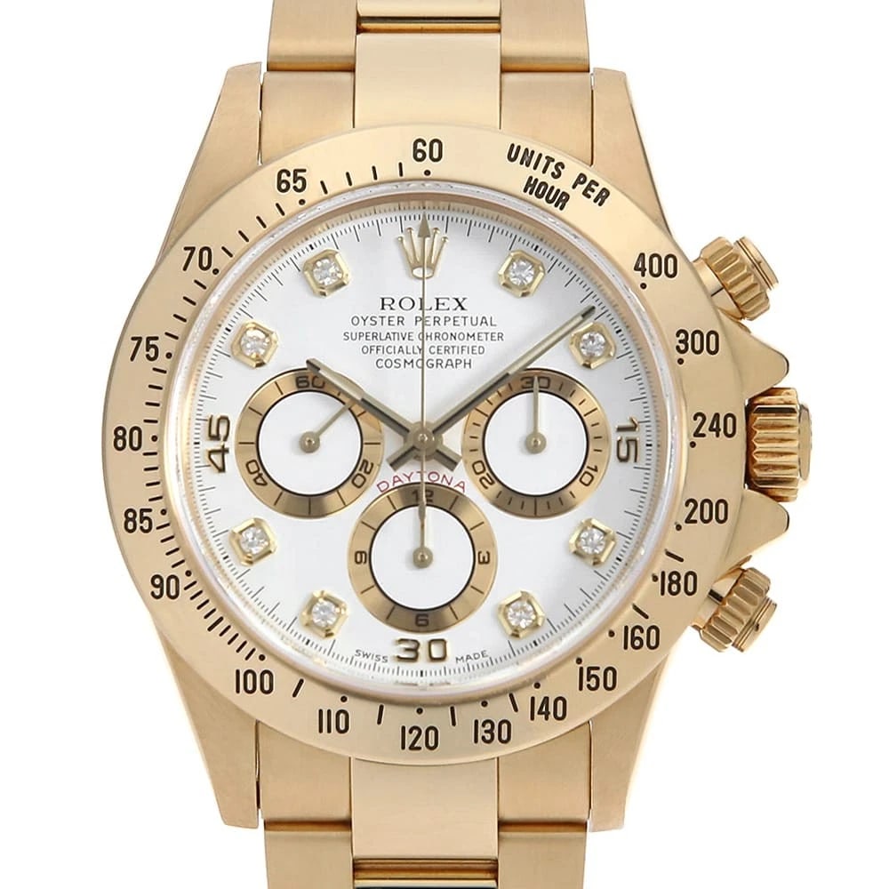 ROLEX COSMOGRAPH DAYTONA DIAMOND WHITE WATCH: ROLEX Cosmograph Daytona diamond white Watch Brand: ROLEX Type: Wrist watch Material: Band Material Yellow Gold, Case Material Yellow Gold Color: Dial Color White Size: Band Size 18cm (7.1inch), C