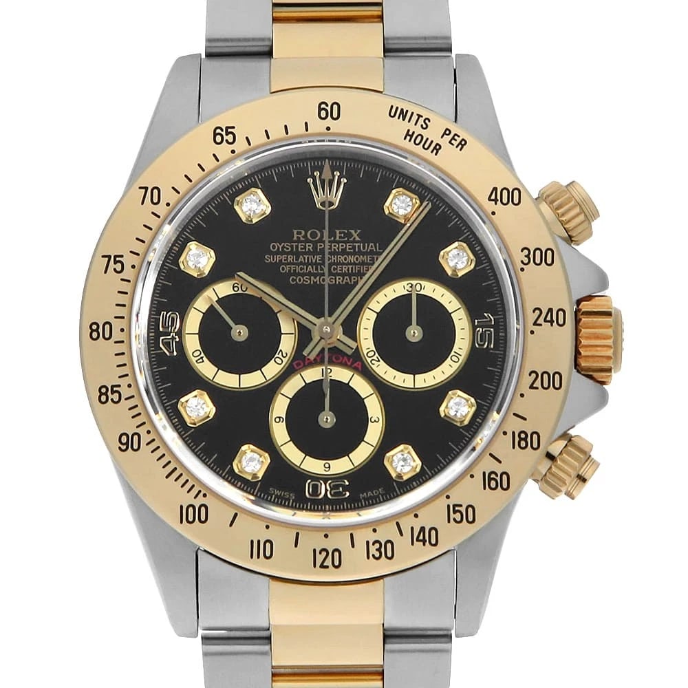 ROLEX COSMOGRAPH DAYTONA 8P DIAMOND BLACK WATCH: ROLEX Cosmograph Daytona 8P diamond black Watch Brand: ROLEX Type: Wrist watch Material: Band Material Stainless Steel/Yellow Gold, Case Material Stainless Steel/Yellow Gold Color: Dial Color Black