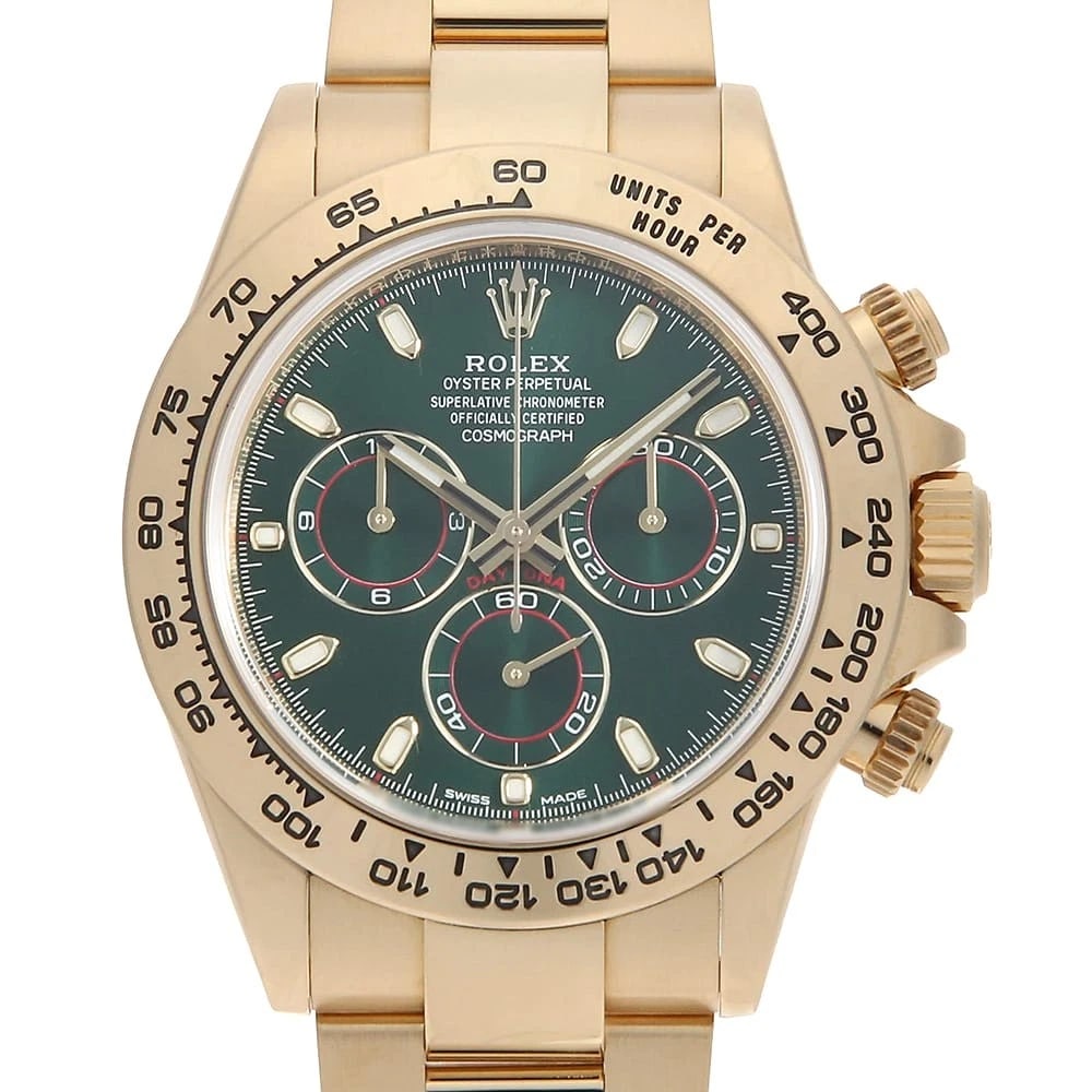 ROLEX COSMOGRAPH DAYTONA GREEN WATCH: ROLEX Cosmograph Daytona green Watch Brand: ROLEX Type: Wrist watch Material: Band Material Yellow Gold, Case Material Yellow Gold Color: Dial Color Green Size: Band Size 19.5cm (7.7inch), Case Si
