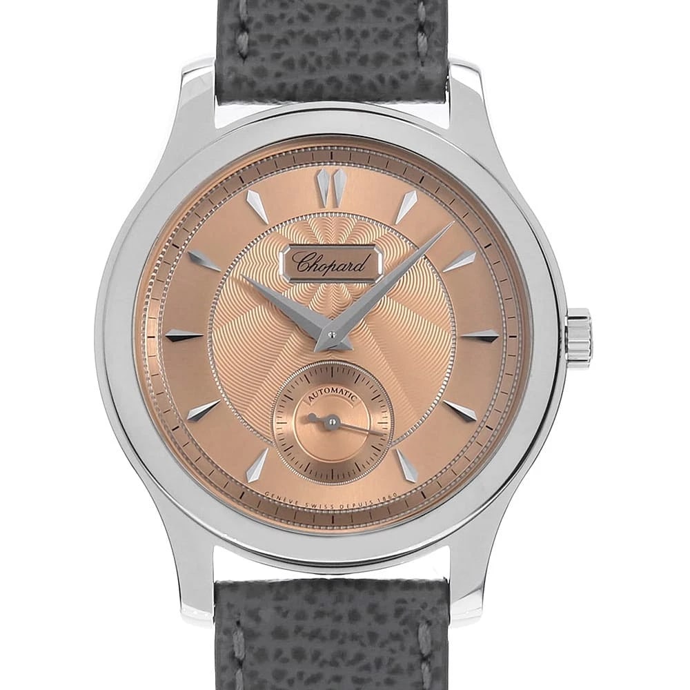 CHOPARD LUCENT STEEL WATCH: Chopard Lucent Steel Watch Brand: Chopard Type: Wrist watch Material: Band Material Calfskin, Case Material Lucent Steel Color: Dial Color Salmon Pink Size: Band Size NONE, Case Size Case:W36.5mm