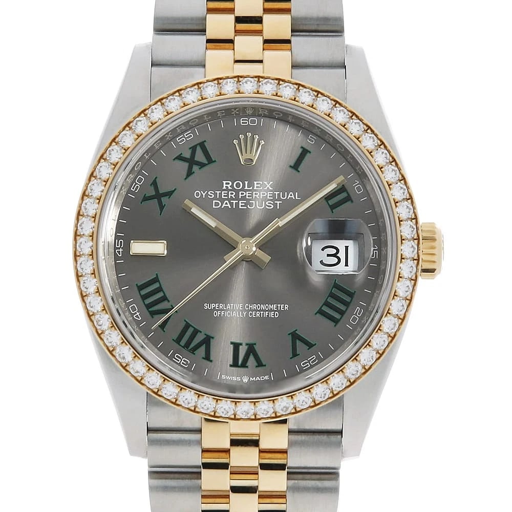 ROLEX DATEJUST 36 BEZEL DIAMOND GREEN WATCH: ROLEX Datejust 36 Bezel Diamond Green Watch Brand: ROLEX Type: Wrist watch Material: Band Material Stainless Steel/Yellow Gold, Case Material Stainless Steel/Yellow Gold Color: Dial Color Slate