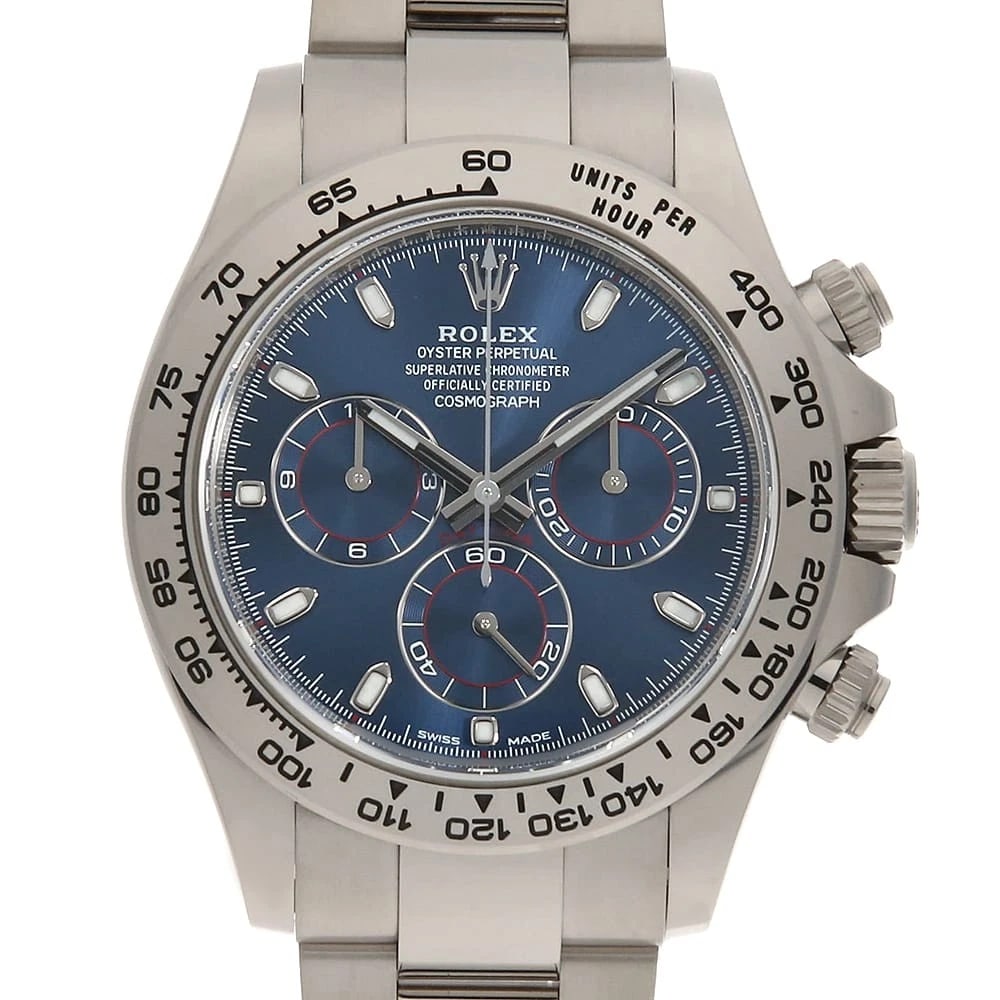 ROLEX COSMOGRAPH DAYTONA BLUE WATCH: ROLEX Cosmograph Daytona blue Watch Brand: ROLEX Type: Wrist watch Material: Band Material White Gold, Case Material White Gold Color: Dial Color Blue Size: Band Size 19.5cm (7.7inch), Case Size C