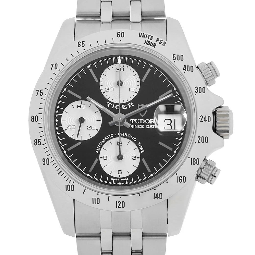 TUDOR CHRONOTIME TIGER WATCH: TUDOR Chronotime Tiger Watch Brand: TUDOR Type: Wrist watch Material: Band Material Stainless Steel, Case Material Stainless Steel Color: Dial Color Black and Silver Size: Band Size 19.5cm