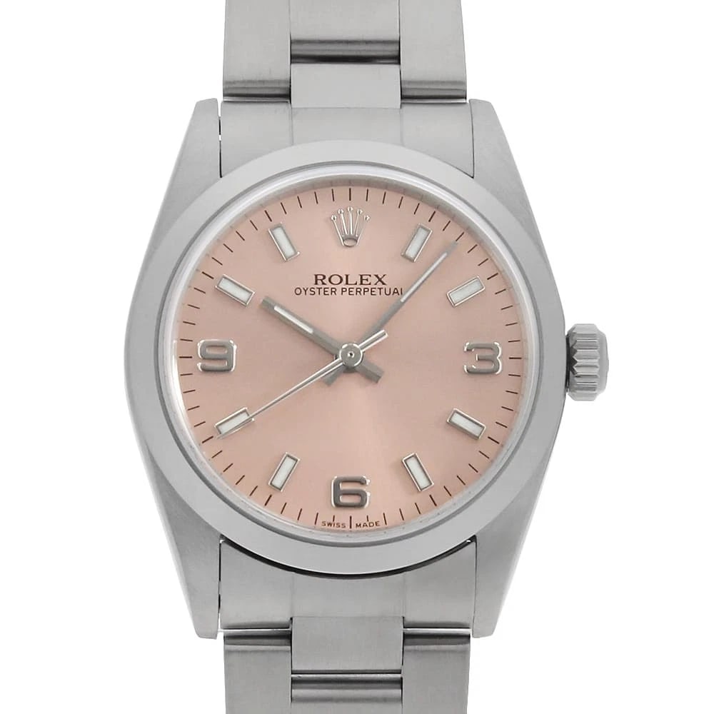 ROLEX OYSTER PERPETUAL PINK WHITE WATCH: ROLEX Oyster perpetual pink white Watch Brand: ROLEX Type: Wrist watch Material: Band Material Stainless Steel, Case Material Stainless Steel Color: Dial Color Pink Size: Band Size 17.5cm (6.9inch