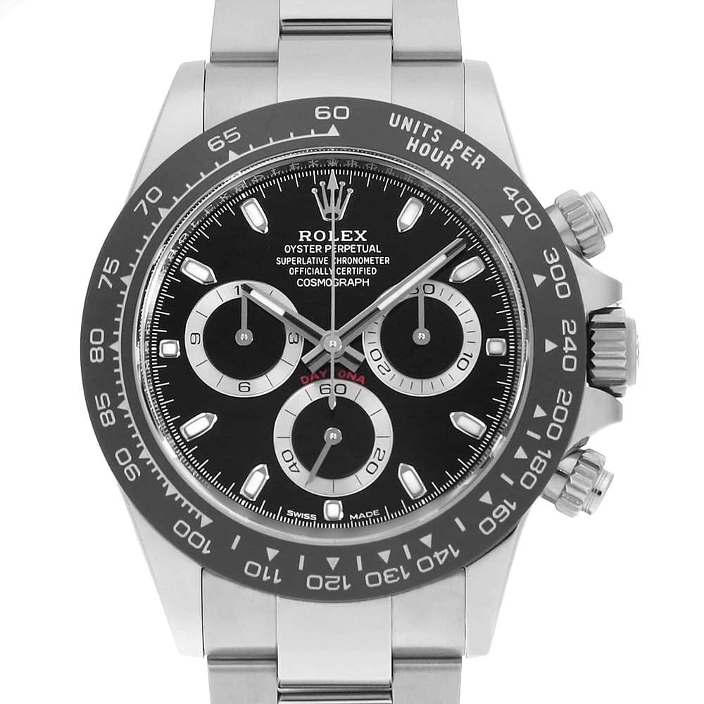 ROLEX COSMOGRAPH DAYTONA BLACK WATCH: ROLEX Cosmograph Daytona black Watch Brand: ROLEX Type: Wrist watch Material: Band Material Stainless Steel, Case Material Stainless Steel Color: Dial Color Black Size: Band Size 19.5cm (7.7inch),