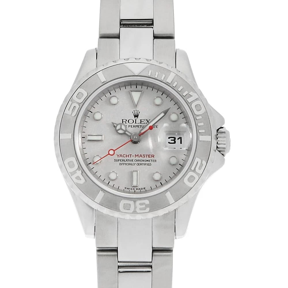 ROLEX YACHT MASTER SILVER WATCH: ROLEX Yacht master Silver Watch Brand: ROLEX Type: Wrist watch Material: Band Material Stainless Steel, Case Material Stainless Steel/Platinum Color: Dial Color Silver Size: Band Size 16.5cm