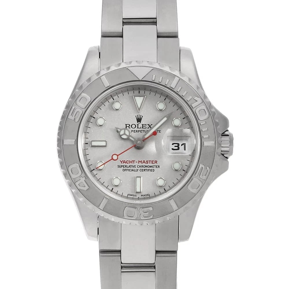 ROLEX YACHT MASTER SILVER WATCH: ROLEX Yacht master Silver Watch Brand: ROLEX Type: Wrist watch Material: Band Material Stainless Steel, Case Material Stainless Steel/Platinum Color: Dial Color Silver Size: Band Size 16.5cm (6.5i