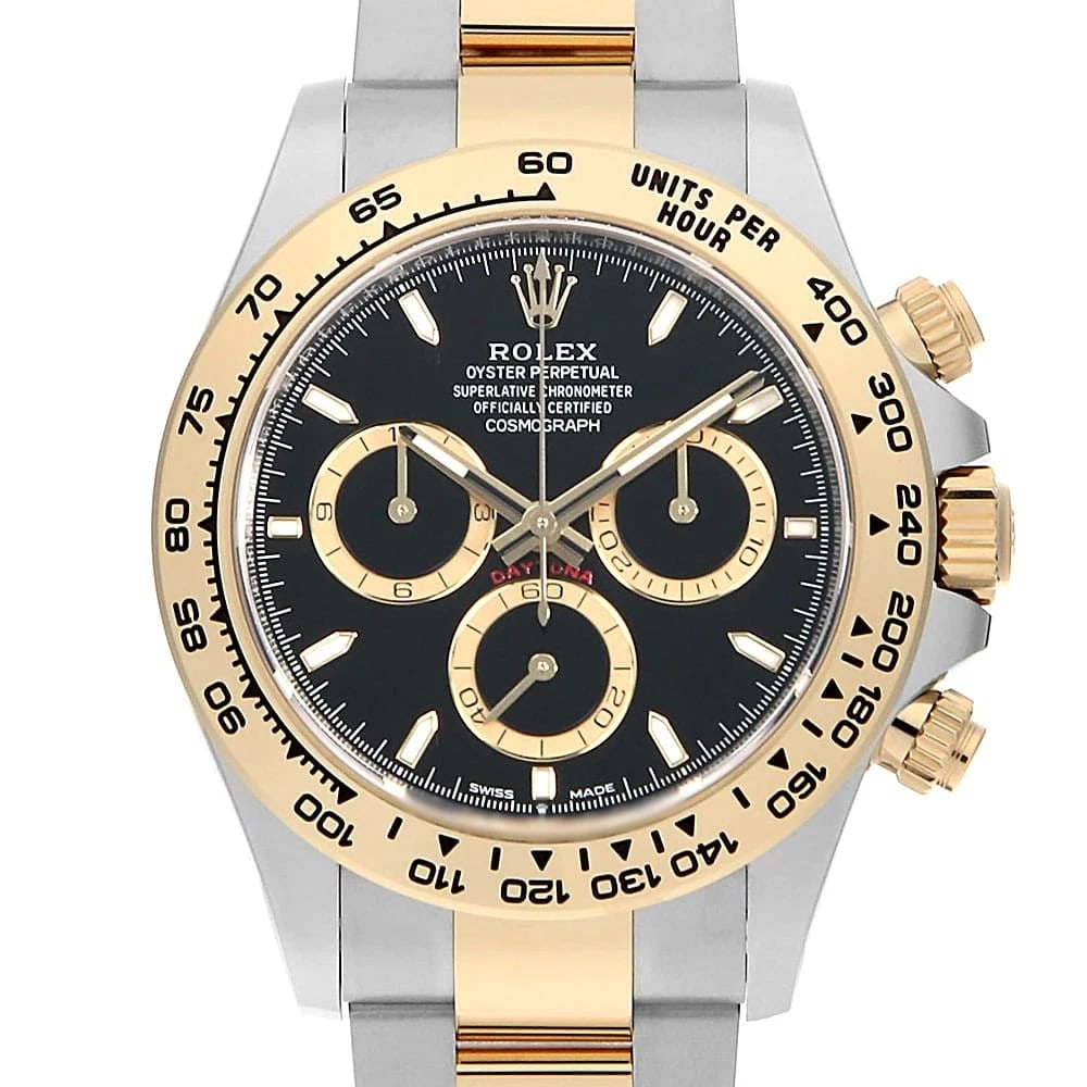 ROLEX COSMOGRAPH DAYTONA BLACK WATCH: ROLEX Cosmograph Daytona black Watch Brand: ROLEX Type: Wrist watch Material: Band Material Stainless Steel/Yellow Gold, Case Material Stainless Steel/Yellow Gold Color: Dial Color Black Size: