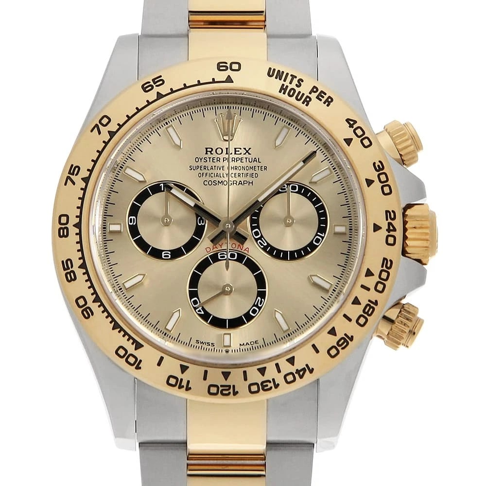 ROLEX COSMOGRAPH DAYTONA GOLDEN WATCH: ROLEX Cosmograph Daytona Golden Watch Brand: ROLEX Type: Wrist watch Material: Band Material Stainless Steel/Yellow Gold, Case Material Stainless Steel/Yellow Gold Color: Dial Color Golden Size: B