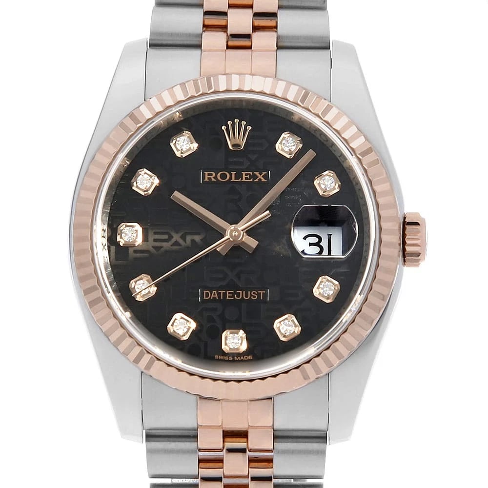 ROLEX DATEJUST 10P DIAMOND BLACK WATCH: ROLEX Datejust 10P Diamond black Watch Brand: ROLEX Type: Wrist watch Material: Band Material Stainless Steel/Pink Gold, Case Material Stainless Steel/Pink Gold Color: Dial Color Black Size: Band